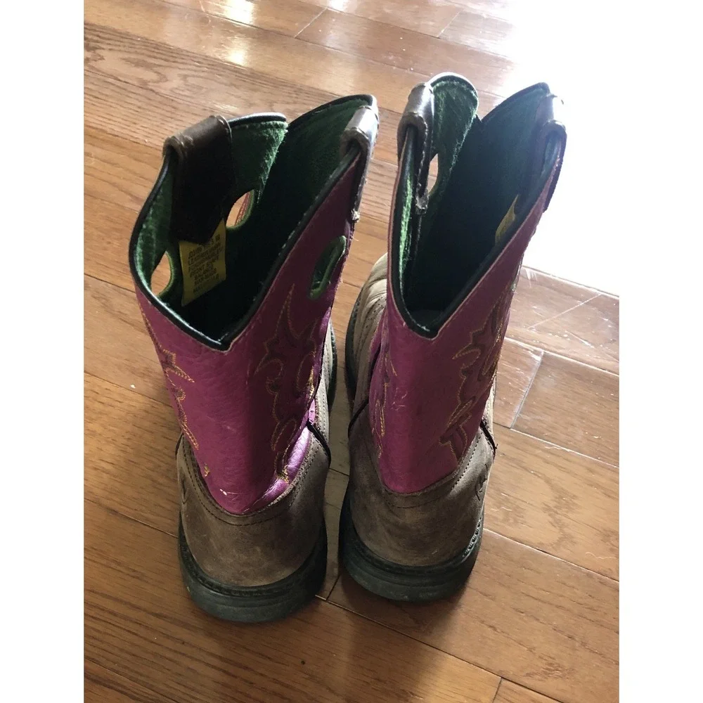 John Deere Youth Cowboy Boots Size 6M Pink Brown Leather Western Kids Work